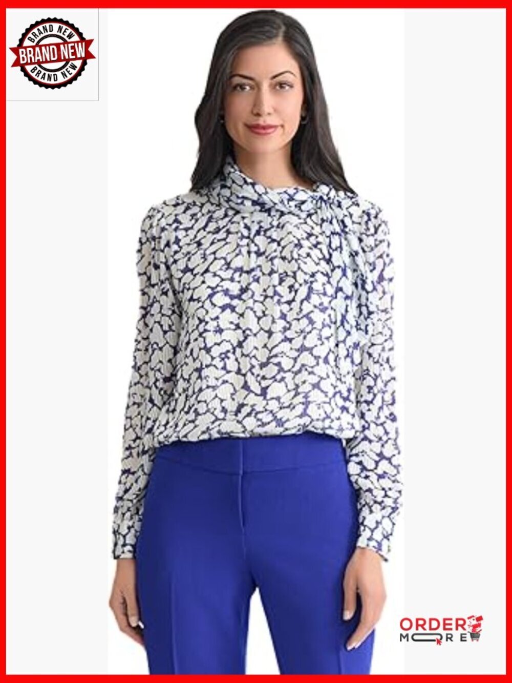 Women's Long Sleeve Printed Satin Tie-Neck Blouse Professional Top